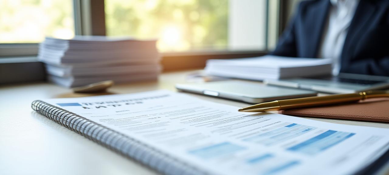 Organized professional desk with legal documents and tax compliance paperwork